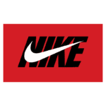 Logotipo da Nike com fundo vermelho, apresentando o famoso swoosh branco e o nome "NIKE" em letras pretas. Ideal para referências a produtos esportivos e moda.