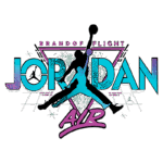 Logo estilizado da marca Jordan, destacando a icônica pose de salto de um jogador de basquete, com cores vibrantes e elementos gráficos que remetem à cultura do streetwear e do basquete dos anos 90.