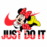 Imagem de Minnie Mouse, personagem da Disney, com sorriso e laço vermelho, em posição dinâmica. Atrás dela, o logo da Nike e a frase "JUST DO IT" em fonte estilizada. A arte combina elementos lúdicos e esportivos, ideal para fãs de marcas e cultura pop.
