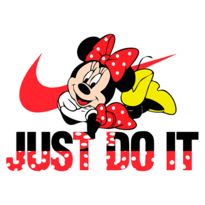 Imagem de Minnie Mouse, personagem da Disney, com sorriso e laço vermelho, em posição dinâmica. Atrás dela, o logo da Nike e a frase "JUST DO IT" em fonte estilizada. A arte combina elementos lúdicos e esportivos, ideal para fãs de marcas e cultura pop.