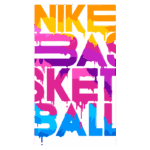 Arte gráfica com as palavras "Nike Basketball" em letras grandes e coloridas, apresentando um design vibrante com gotas de tinta em tons de rosa, roxo, azul e amarelo. Ideal para promoção de produtos da Nike relacionados ao basquete.