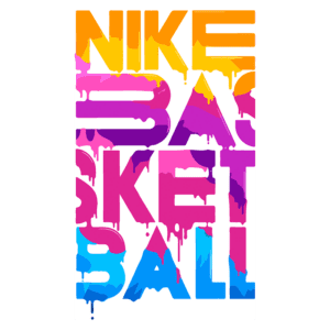 Arte gráfica com as palavras "Nike Basketball" em letras grandes e coloridas, apresentando um design vibrante com gotas de tinta em tons de rosa, roxo, azul e amarelo. Ideal para promoção de produtos da Nike relacionados ao basquete.