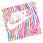 Logotipo da Nike com a palavra "AIR", sobre um fundo colorido com padrões de listras em azul, laranja e pink.
