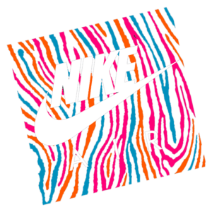 Logotipo da Nike com a palavra "AIR", sobre um fundo colorido com padrões de listras em azul, laranja e pink.