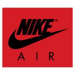 Logotipo da Nike Air em fundo vermelho, destacando a icônica marca em letras grandes e pretas com swoosh característico.