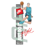 Ilustração de um jogador de basquete em movimento, lançando uma bola, com um fundo estilizado que inclui o logo da Nike e a frase "JUST DO IT". O design destaca a temática esportiva e é inspirado em 1985, refletindo a conexão entre moda e basquete.