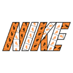 Logo da Nike criado com quadrados laranja e brancos, apresentando o famoso swoosh em diferentes tonalidades e designs, destacando a marca de forma criativa e moderna.