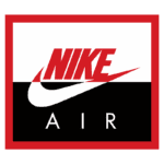Logo da Nike Air em fundo vermelho e preto, destacando o nome "NIKE" em letras grandes e a icônica marca "Swoosh" ao lado.