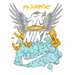 Design artístico com o logotipo da Nike, asas, uma halo e elementos gráficos vibrantes, simbolizando liberdade e estilo urbano. A arte inclui nuvens azuis e correntes douradas, evocando uma sensação de paraíso e criatividade.