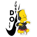 Bart Simpson ouvindo música com fones de ouvido, usando uma camiseta preta com o logo da Nike e calças curtas vermelhas, ao lado do slogan "Just Do It". Imagem divertida e icônica do personagem da série "Os Simpsons".