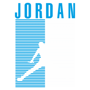 Logotipo icônico da marca Air Jordan, apresentando a silhueta de um jogador de basquete em movimento, com as letras "JORDAN" em destaque na parte superior, em um fundo azul com listras.