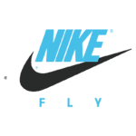 Logo da Nike com o texto "FLY" em azul, representando a marca de esportes e produtos de performance.