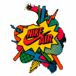 Logotipo colorido da Nike Air com elementos gráficos vibrantes, incluindo explosões, riscas e formas geométricas, destacando o estilo urbano e esportivo da marca.