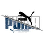 Logotipo da Puma com uma silhueta de felino e elementos gráficos que incluem uma linha pontilhada e arame farpado, representando a marca de roupas e calçados esportivos globais.