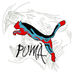 Logotipo estilizado da Puma, apresentando uma puma em movimento com cores vibrantes, vermelho e azul, sobre um fundo desenhado de forma abstrata. O nome "PUMA" está escrito abaixo do animal em uma fonte artística.
