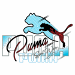 Logotipo da Puma com um gato estilizado em movimento, apresentando as palavras "Puma Sport Wear" em cores vibrantes e design moderno. Ideal para identificação de produtos esportivos da marca.