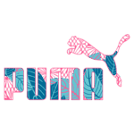 Logotipo da Puma com o texto "PUMA" em cores azuis e rosa, decorado com um padrão floral, acompanhado de um puma saltando ao lado do nome.