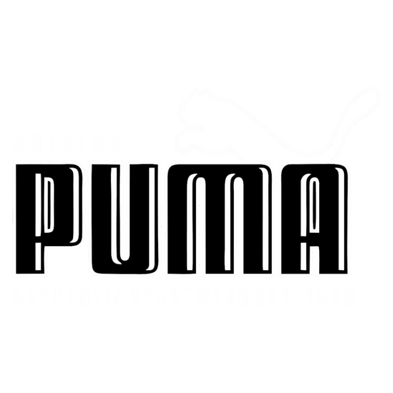 Logotipo da Puma, destacando a frase "Original Puma - Authentic Sportswear Est. 1948" com um desenho de um puma saltando, simbolizando autenticidade e tradição no vestuário esportivo.