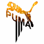 Logotipo da Puma com um design estilizado, apresentando uma figura de puma em cor dourada brilhante e a palavra "PUMA" em letras grandes, com detalhes em preto.