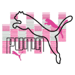 Logotipo da marca Puma em estilo moderno, apresentando um puma pulando com traços em rosa, acompanhado por três silhuetas menores de puma e um fundo com linhas em tons suaves.