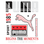 Logotipo da Puma destacando a marca com a inscrição "Sport 1985", junto com a frase "Begins the Moments" e referências a jogadores de beisebol, com design moderno e gráfico colorido.