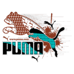 Logotipo da marca Puma, apresentando um puma estilizado em azul e preto, acompanhado de marcas de pegadas e elementos gráficos dinâmicos em tons de marrom e vermelho. O design destaca a energia e a velocidade da marca, com o endereço do site www.puma.com.