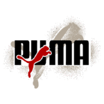 Logotipo da marca Puma, destacando a palavra "PUMA" em letras grandes e pretas, com uma silhueta de puma vermelha à esquerda, sobre um fundo com efeitos de spray e sombra.