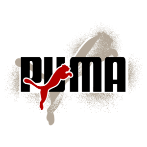 Logotipo da marca Puma, destacando a palavra "PUMA" em letras grandes e pretas, com uma silhueta de puma vermelha à esquerda, sobre um fundo com efeitos de spray e sombra.
