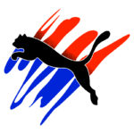 Logo da Puma em preto saltando sobre um fundo colorido com traços vermelhos e azuis. O design é moderno e dinâmico, representando a agilidade e energia da marca.