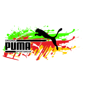 Logo da Puma com fundo colorido, destacando a silhueta de um puma e o texto "Original Puma Sportswear", ideal para identificar roupas esportivas da marca.