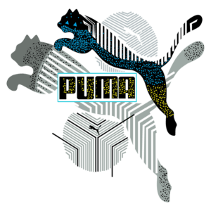Logotipo estilizado da marca Puma, com um puma em movimento e diferentes padrões gráficos, destacando a identidade visual da empresa.