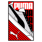 Imagem estilizada de um tênis Puma, destacando o design com cores preto, cinza e vermelho. O fundo apresenta um padrão diagonal e o logo da marca Puma em branco. Ideal para fãs de moda esportiva e streetwear.