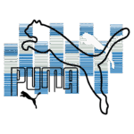 Logo da Puma, com o nome "PUMA" em destaque, acompanhado de ilustrações de pumas em movimento e um fundo em tons de azul e branco, simbolizando agilidade e esportividade.