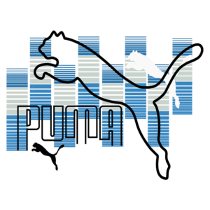 Logo da Puma, com o nome "PUMA" em destaque, acompanhado de ilustrações de pumas em movimento e um fundo em tons de azul e branco, simbolizando agilidade e esportividade.