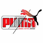 Logotipo da Puma, apresentando a palavra "PUMA" em letras vermelhas e pretas, com a silhueta de um puma pulando, simbolizando a marca de moda esportiva e casual.