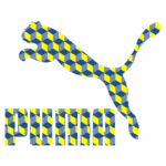 Logotipo da Puma com um puma saltando, apresentando um design em padrões de cubos azuis e amarelos.