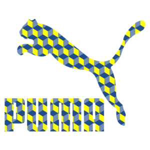 Logotipo da Puma com um puma saltando, apresentando um design em padrões de cubos azuis e amarelos.