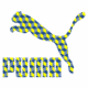 Logotipo da Puma com um puma saltando, apresentando um design em padrões de cubos azuis e amarelos.