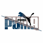 Logo da Puma com uma silhueta de puma saltando sobre um arame farpado, destacando a marca de forma dinâmica e ousada.