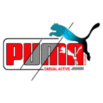 Logotipo da Puma, destacando as palavras "PUMA SPORTS" e "CASUAL ACTIVE", com uma silhueta de puma em movimento e um design moderno em vermelho, preto e azul.
