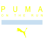 Logotipo da Puma "On the Run", com letras amarelas sobre um fundo azul claro, e o ícone de um puma saltando, representando a linha de produtos voltados para corrida e estilo de vida ativo.
