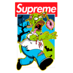 Desenho de um personagem zumbi inspirado em um famoso seriado animado, com a marca Supreme em destaque. O zumbi está segurando um donut e apresenta uma aparência grotesca, acompanhado por um fundo com árvores esqueléticas e morcegos, criando uma atmosfera de terror e humor.