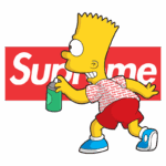 Bart Simpson sprayando uma lata de tinta verde, vestido com uma camiseta estampada com logo Supreme, em frente a um fundo vermelho com a palavra "Supreme". A imagem mistura elementos da cultura pop e streetwear, destacando a personalidade rebelde de Bart.