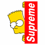 Imagem do personagem Bart Simpson, da série Os Simpsons, segurando a famosa logo da marca Supreme em um fundo verde.
