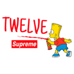 Bart Simpson spraying tinta com as palavras "TWELVE" e "Supreme" em destaque, representando uma fusão de cultura pop e streetwear.