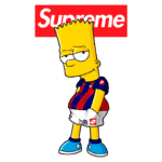 Bart Simpson vestido com uniforme de futebol e camiseta da marca Supreme, exibindo um olhar descontraído e confiante.