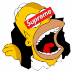 Imagem do personagem Homer Simpson com um fundo preto e uma expressão de grito, apresentando o logotipo da marca Supreme sobre a boca.