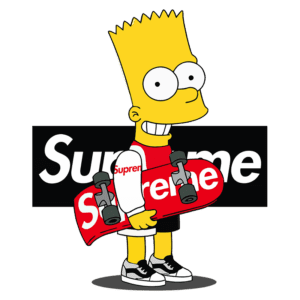Bart Simpson segurando um skate da marca Supreme, vestido com uma camiseta branca e um colete vermelho, em frente ao logotipo da Supreme em fundo preto.