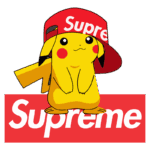 Pikachu com um boné vermelho da marca Supreme, em frente ao logo da marca, retratando a fusão da cultura pop e da moda streetwear.