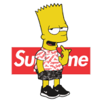 Bart Simpson vestindo uma camiseta Supreme e shorts camuflados, com um gesto provocativo, sobre um fundo vermelho com o logotipo Supreme, representando a cultura pop e moda streetwear.